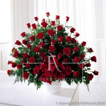 Funeral basket with 120 red roses